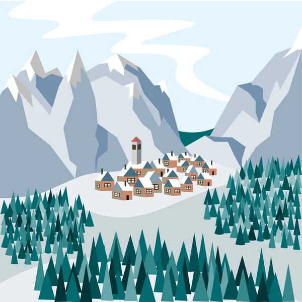 Un pequeño y acogedor pueblo en las montañas nevadas. Ilustración en estilo plano . — Vector de stock