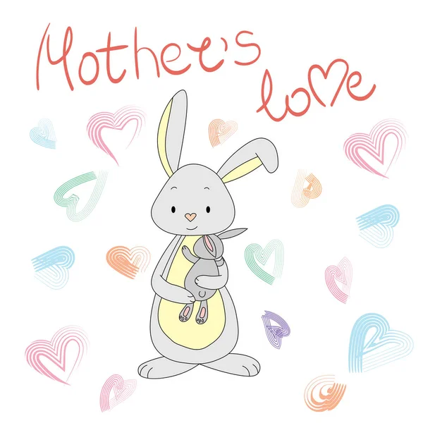 Un coniglietto con un coniglietto tra le braccia. L'amore di mamma — Vettoriale Stock