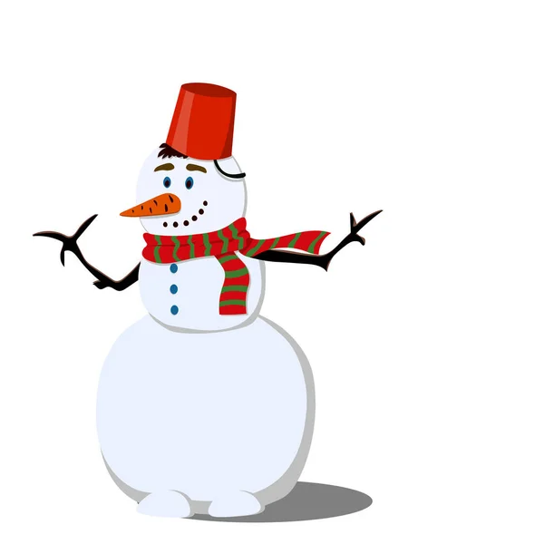 Glad snögubbe i randig halsduk kvällen före jul. Illustration i platt stil. — Stock vektor