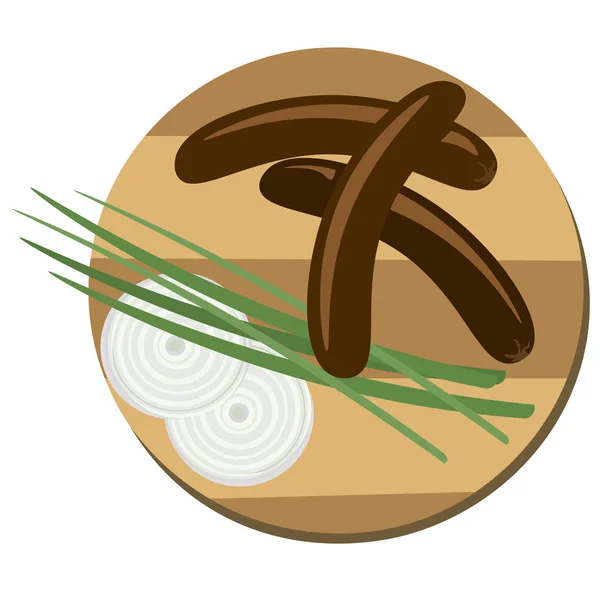 Salchichas fritas y aros de cebolla y cebollas verdes frescas en una tabla de madera . — Vector de stock