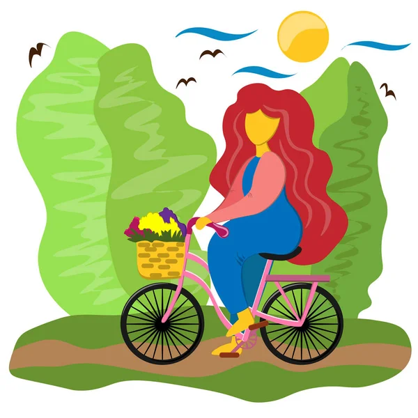 La chica monta en bicicleta con una cesta por la calle. Ilustración en estilo plano . — Archivo Imágenes Vectoriales