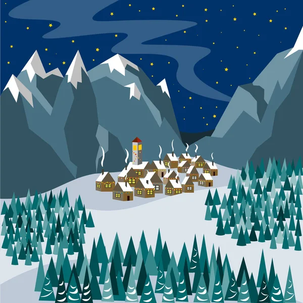 Una piccola cittadina in montagna alla vigilia del Natale. Illustrazione in stile piatto . — Vettoriale Stock