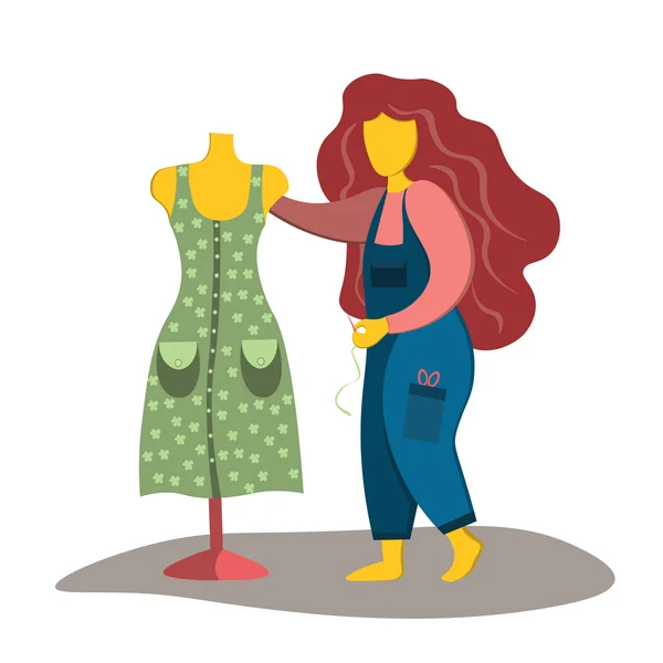 Linda modista chica cose un vestido nuevo. Ilustración en estilo plano . — Vector de stock