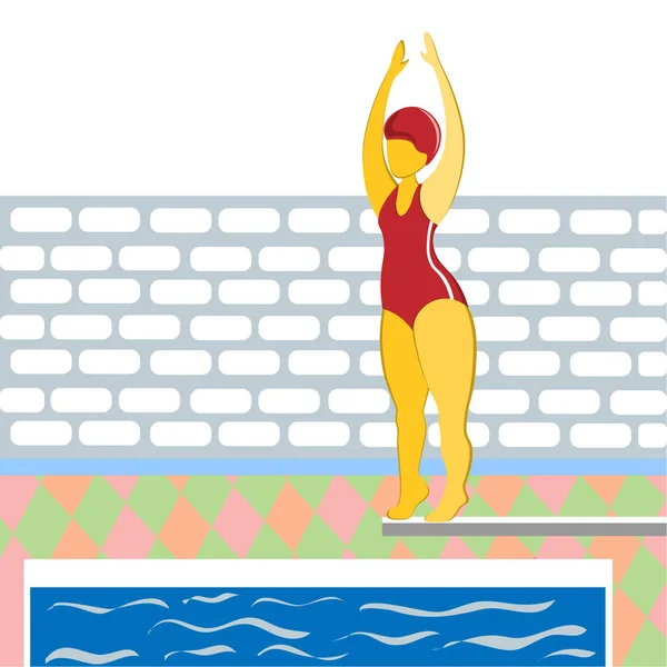 Ένα κορίτσι με μαγιό που πηδάει από ένα βατήρα στην πισίνα. Εικονογράφηση σε επίπεδη στυλ — Διανυσματικό Αρχείο