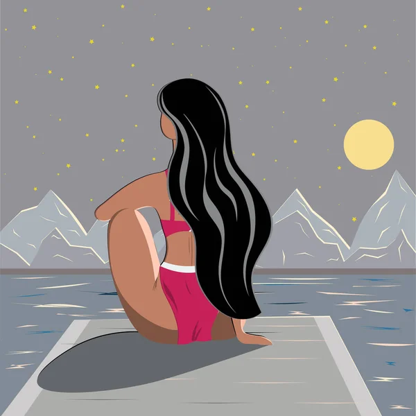 Flickan sitter på kanten av piren tillbaka och tittar på havet och bergen. Illustration i platt stil. — Stock vektor