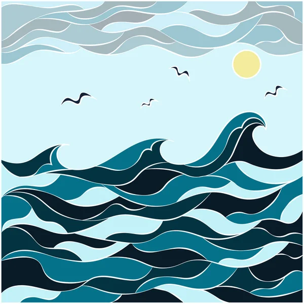 Abstrakte Zeichnung im Stil eines dudelnden Meeres, Wellen und Himmels. Natur im abstrakten Stil. — Stockvektor
