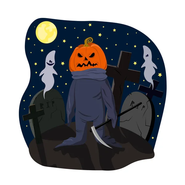 Monster with a pumpkin head with scythe on cemetery dark moonlit night — Stock Vector