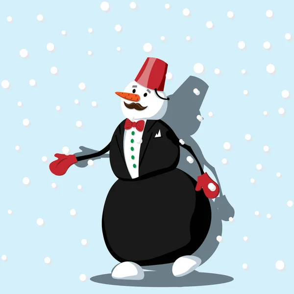 Feliz muñeco de nieve en una bufanda a rayas en la víspera de Navidad. Ilustración en estilo plano . — Vector de stock