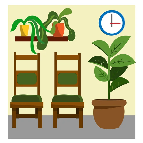 Αίθουσα αναμονής με καρέκλες και φυτά εσωτερικού χώρου. Εικονογράφηση σε επίπεδη στυλ. — Διανυσματικό Αρχείο