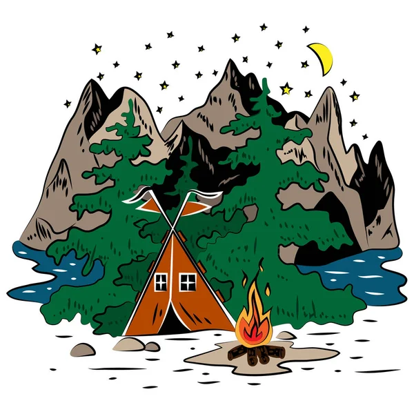 Ilustración gráfica de un lugar de descanso en el bosque en una tienda de campaña en color. Paisaje de montaña con un bosque y una tienda de campaña con un fuego. Ilustración para camisetas, trincheras o cubiertas . — Vector de stock