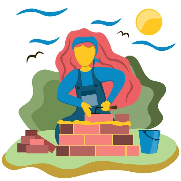 Ένα νεαρό κορίτσι χτίζει ένα σπίτι από τούβλα. Εικονογράφηση σε επίπεδη στυλ. — Διανυσματικό Αρχείο