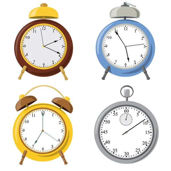 Relógio de alarme vetorial com sino e discar. Conjunto de relógios — Vetor de Stock