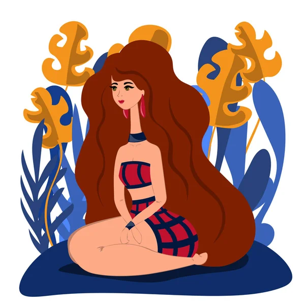 Eine Frau mit ihren Haaren sitzt auf dem Boden im Garten. Illustration im flachen Stil. — Stockvektor