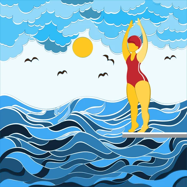 En tjej i baddräkt hoppar från en språngbräda ner i vattnet. Illustration i klottrande stil och abstraktion. — Stock vektor