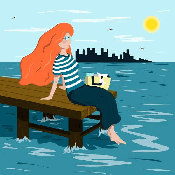 Eenzaam roodharig meisje zittend aan de rand van de pier en kijkend naar de zee. Illustratie in platte stijl. — Stockvector