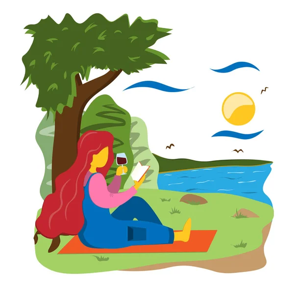 Una niña con un libro y una copa de vino descansa en la naturaleza, apoyada en un árbol. Ilustración en estilo plano . — Archivo Imágenes Vectoriales