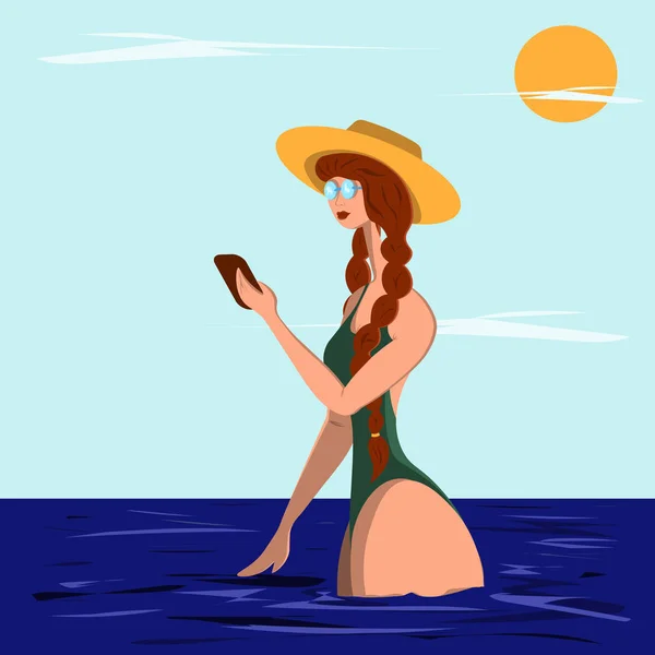 Μια νεαρή γυναίκα στέκεται μέχρι τη μέση στο νερό και κοιτάζει στο τηλέφωνο. Εικονογράφηση σε επίπεδη στυλ. — Διανυσματικό Αρχείο