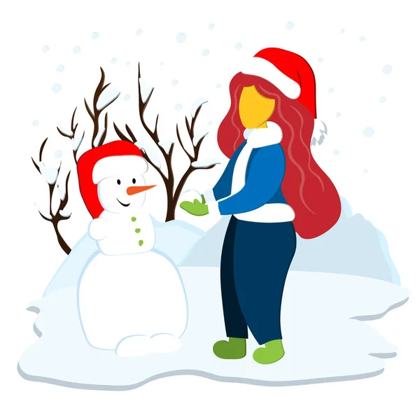 Κορίτσι σμιλεύει έναν χιονάνθρωπο σε μια χειμωνιάτικη χιονισμένη μέρα. Εικονογράφηση σε επίπεδη στυλ. — Διανυσματικό Αρχείο