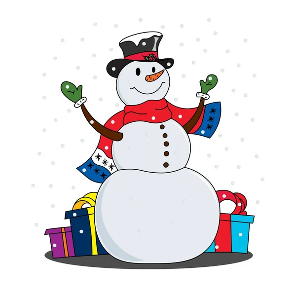 El muñeco de nieve de Año Nuevo con los regalos fondo de Navidad — Vector de stock