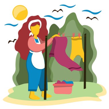 Sokakta asılı duran güzel kız temiz giysileri yıkadı. Çizim düz biçimli.