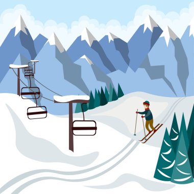 Dağlarda aktif kayakçı ve tepede teleferik. Çizim düz biçimli.