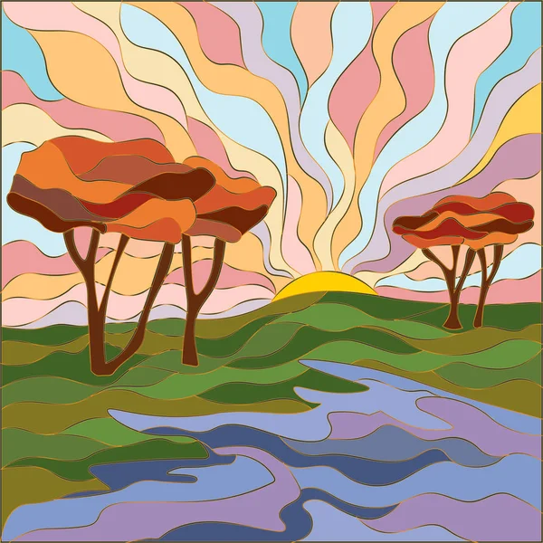 Paisaje en campo de estilo mosaico, amanecer y árboles solitarios. Ilustración vectorial de la naturaleza en colores suaves . — Vector de stock