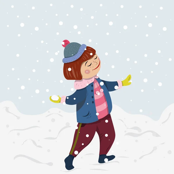 Colección de Navidad de invierno. Chica jugando bolas de nieve en invierno . — Vector de stock