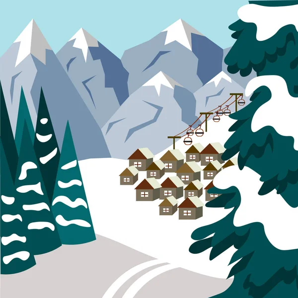Noel arifesinde dağlarda küçük bir kasaba. Çizim düz biçimli — Stok Vektör