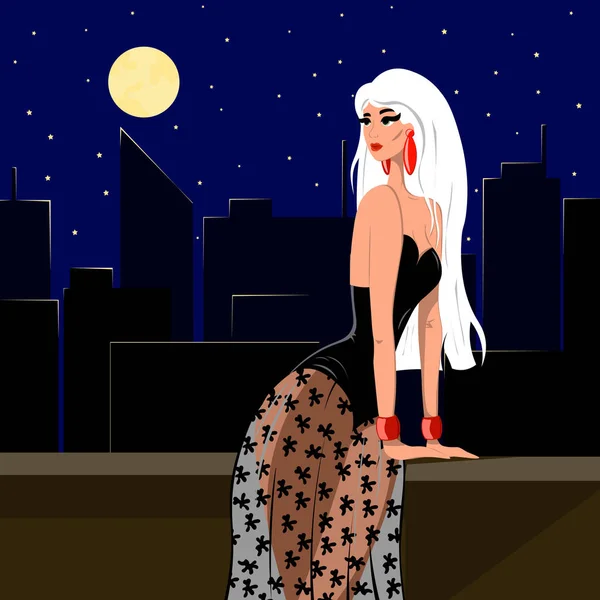 Piękna szczupła blondynka stoi nocą na dachu domu w czarnej sukni wieczorowej. Ilustracja w płaskim stylu. — Wektor stockowy