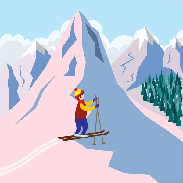 Lo sciatore attivo si trova sul fianco della montagna. Sport e ricreazione tra le montagne innevate. Illustrazione in stile piatto . — Vettoriale Stock