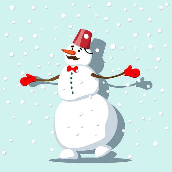 Feliz muñeco de nieve en una bufanda a rayas en la víspera de Navidad. Ilustración en estilo plano . — Vector de stock