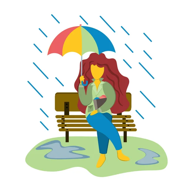 A young girl is sitting on a bench in the rain with an umbrella. Illustration in flat style. — Stock Vector