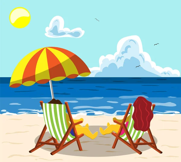一对年轻人正在一个阳光灿烂的海滩上的一把沙滩椅子上，在伞下休息，喝着鸡尾酒。 扁平式说明. — 图库矢量图片