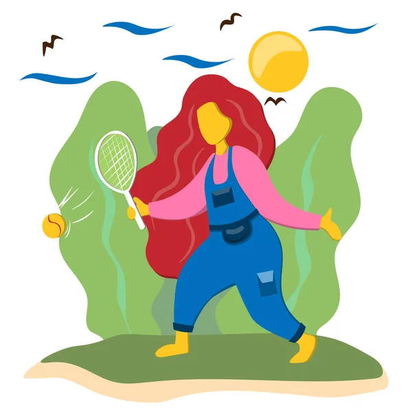 Η κοπέλα παίζει τένις έξω. Εικονογράφηση σε επίπεδη στυλ. — Διανυσματικό Αρχείο