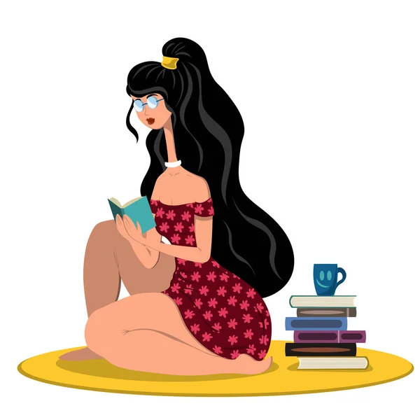 A young woman in a red flowered dress is sitting on the carpet and reading a book. Illustration in flat style — Stock Vector
