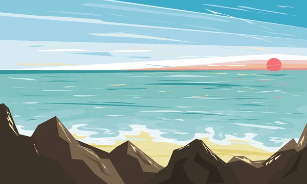 日落在海面 海滩和冲浪上 海景风格扁平 — 图库矢量图片