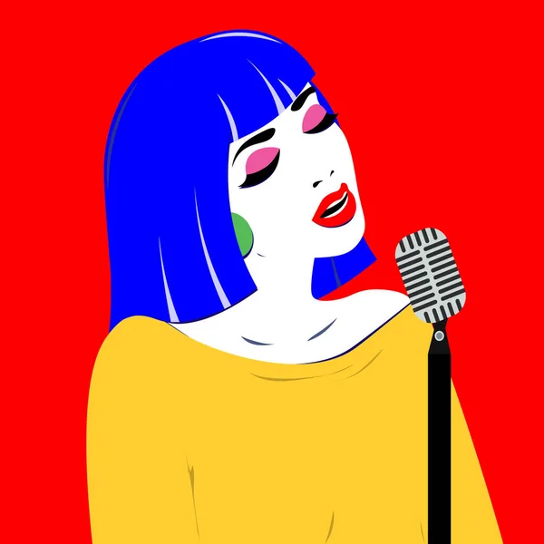 Girl Pop Art Style Sings Blues Style Bright Color Illustration — 스톡 벡터