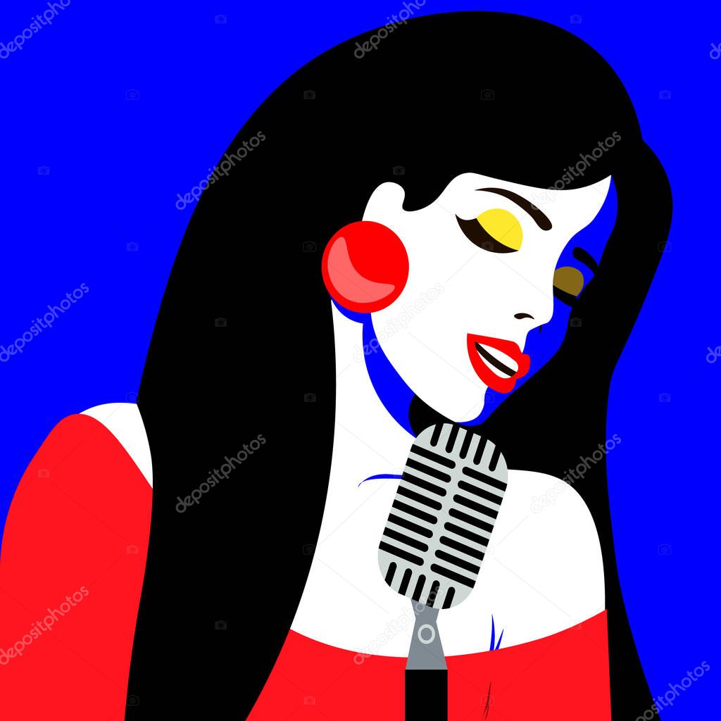 Young women with pop art style sings in blues style. Bright color illustration of a girl.