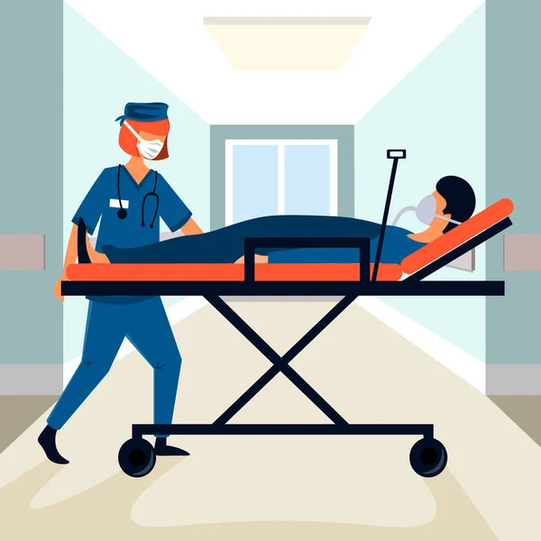 Sjuksköterskan Bär Patienten Sjukhusbår Coronavirus Pandemisk Epidemi Och Behandling — Stock vektor