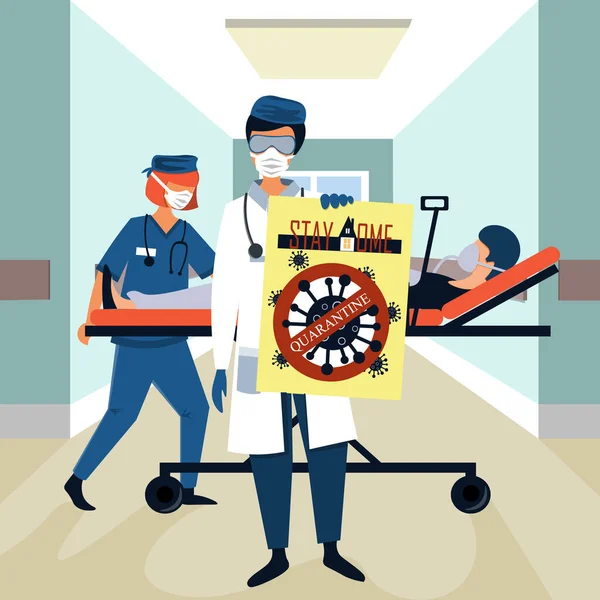 保護服の医者は家で隔離にとどまるように促すポスターを持っている 看護師は患者を病院の担架に乗せている コロナウイルス 流行および治療 — ストックベクタ