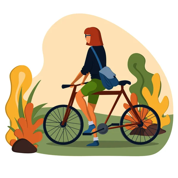 Young Woman Shorts Bicycle Rides Park Vector Illustration Flat Style — Stock Vector
