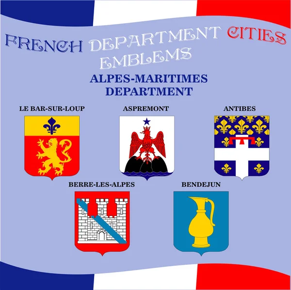 Emblemas oficiales de las ciudades del departamento francés Alpes Maritimes — Vector de stock