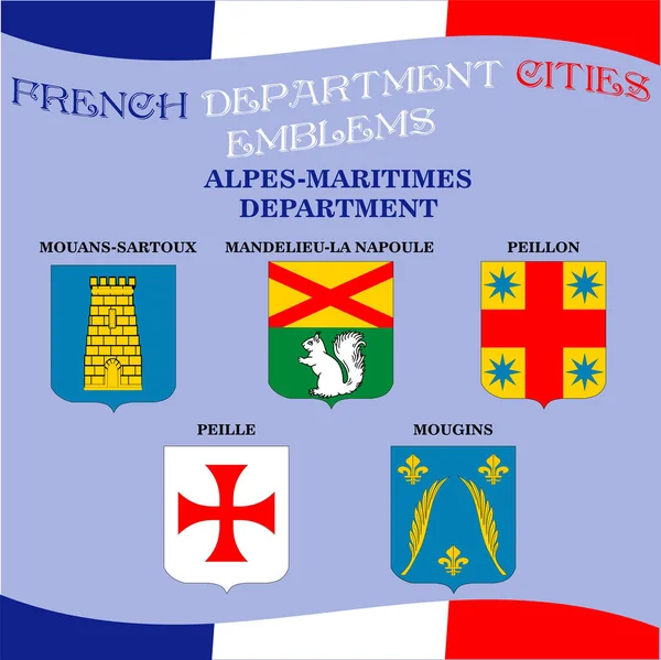 Emblemas oficiales de las ciudades del departamento francés Alpes Maritimes — Vector de stock
