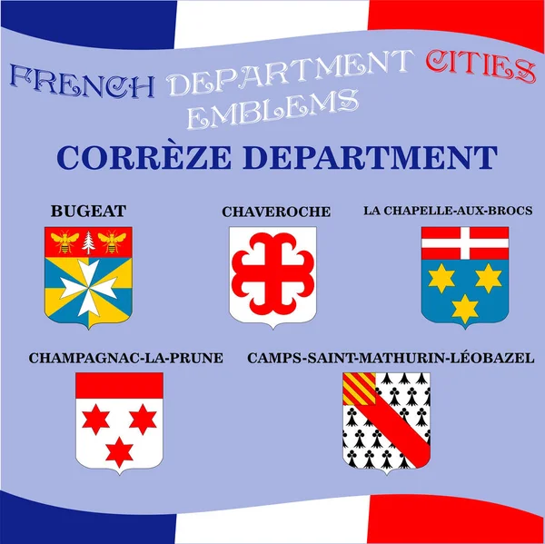 Emblemas oficiales de las ciudades del departamento francés Correze — Vector de stock