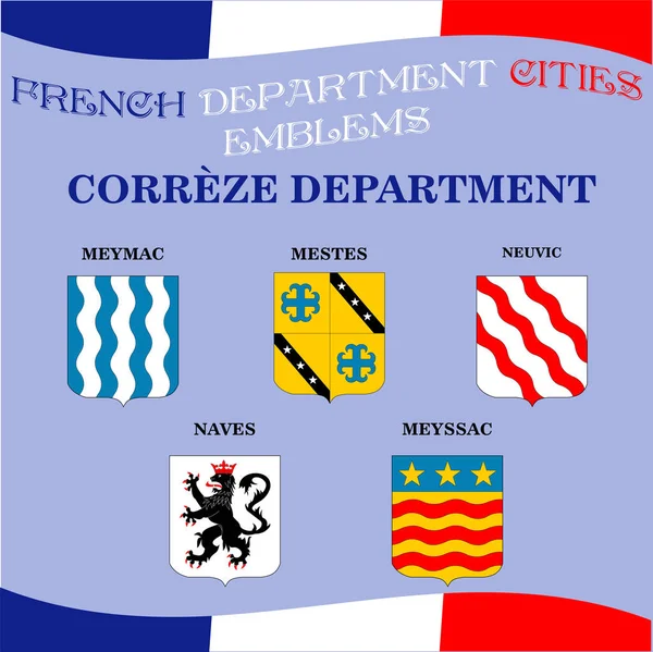 Emblemas oficiales de las ciudades del departamento francés Correze — Vector de stock