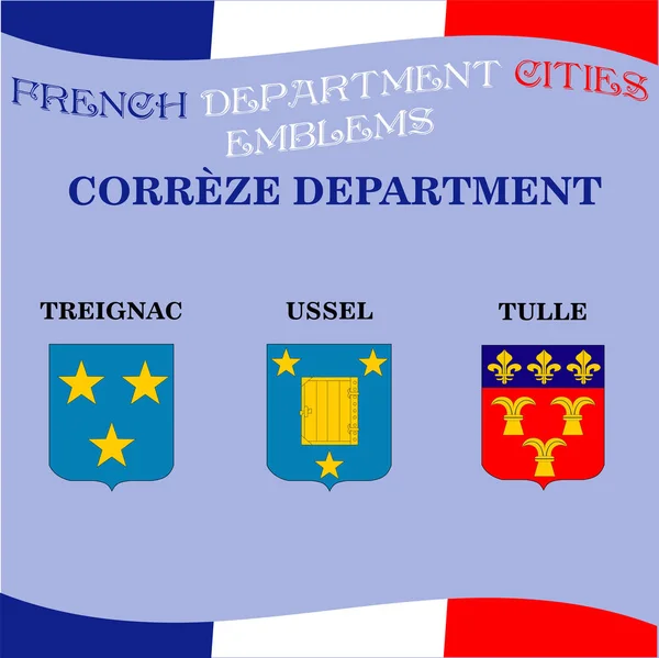 Emblemas oficiales de las ciudades del departamento francés Correze — Vector de stock