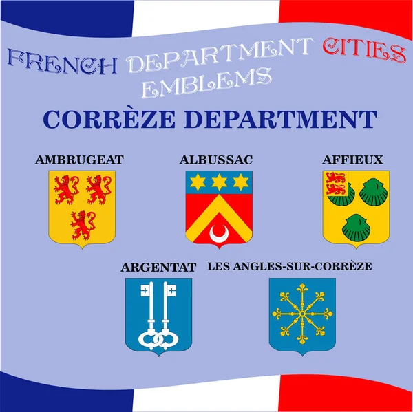 Emblemas oficiales de las ciudades del departamento francés Correze — Vector de stock