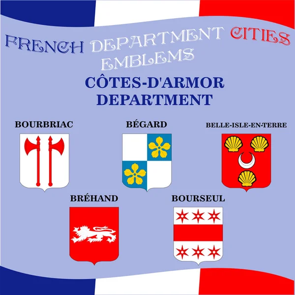 Emblemas oficiales de las ciudades del departamento francés Cotes D Armor — Vector de stock