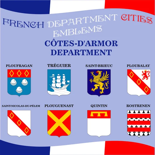 Emblemas oficiales de las ciudades del departamento francés Cotes D Armor — Vector de stock