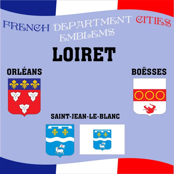 Banderas y emblemas de las ciudades del departamento francés. Ciudades de Departm — Vector de stock